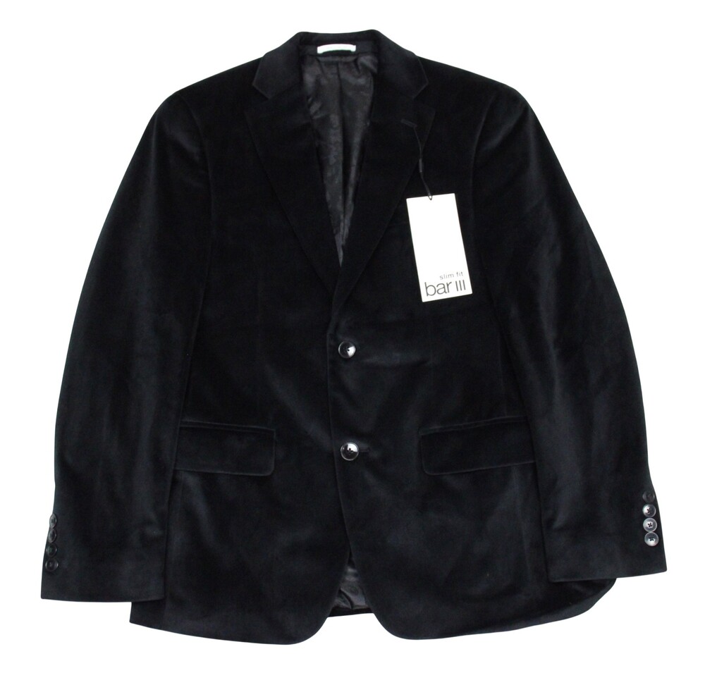 Bar III Mens Black Velvet Blazer 36 R Slim Fit Solid Black Sport Coat New